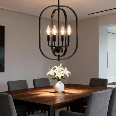 Modern Farmhouse Chandelier Pendant Light Fixture With Geometric Metal Frame, 4-Light E12 Socket Design For Dining Room Kitchen Entryway Bedroom Hallw | Wayfair North America