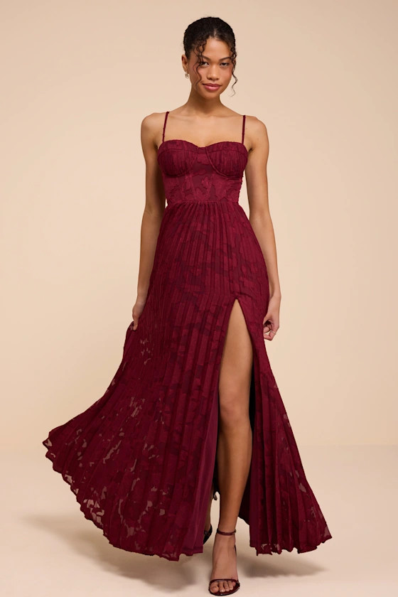 Dacie Burgundy Floral Burnout Pleated Bustier Maxi Dress | Lulus