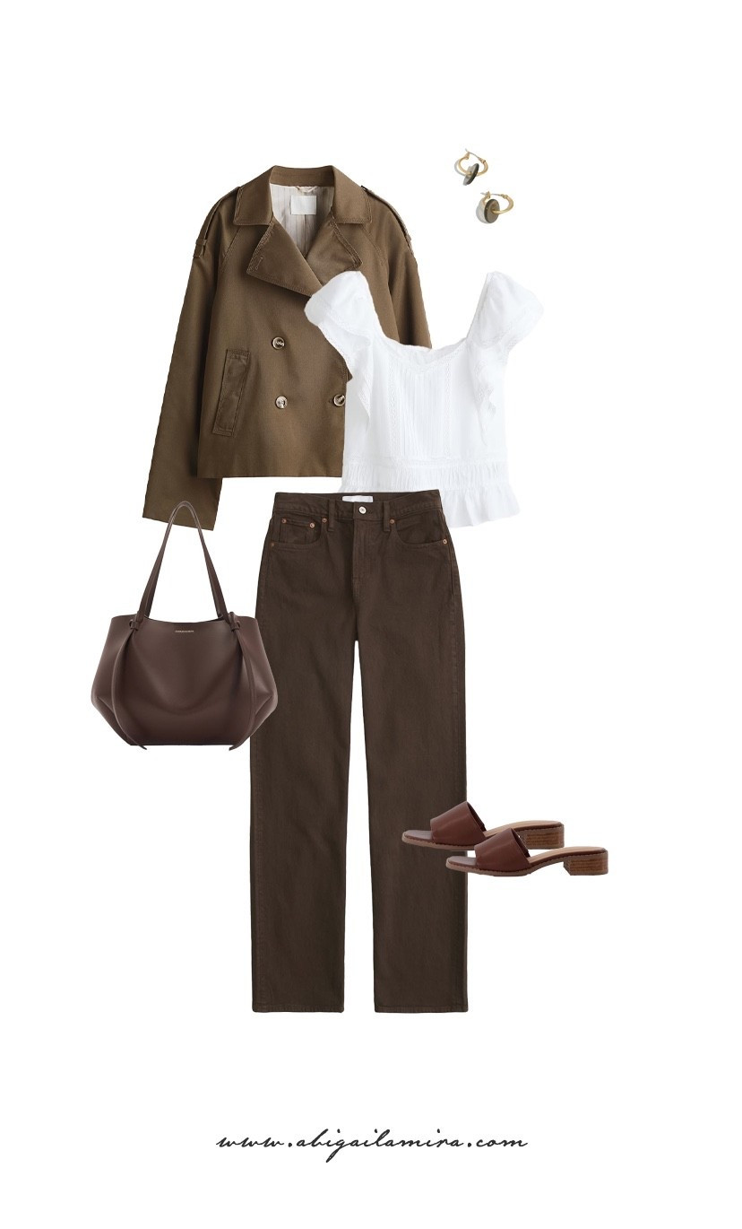 WHAT I'M WEARING WEDNESDAY 04/15/2026
Rich, earthy tones meet soft, feminine details in this effortlessly chic everyday look. Deep brown denim and a cropped trench create a grounded, structured base, while a delicate white blouse adds a fresh, airy contrast. Finished with tonal accessories and easy slip-on heels, this outfit strikes the perfect balance between polished and relaxed—ideal for days when you want to feel put-together without trying too hard. See the full post at abigailamira.com

#LTKgrwm #LTKootd #LTKOver40