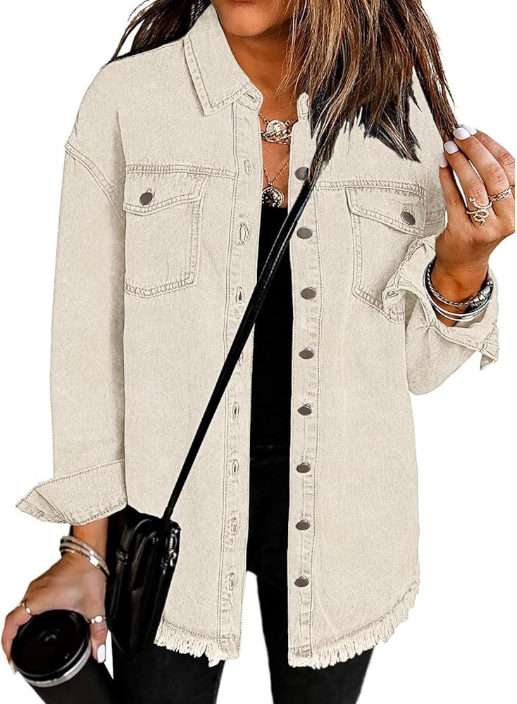 Vetinee Women’s Oversized Button Up Frayed Hem Shacket Long Sleeve Pockets Denim Jean Jacket | Amazon (US)