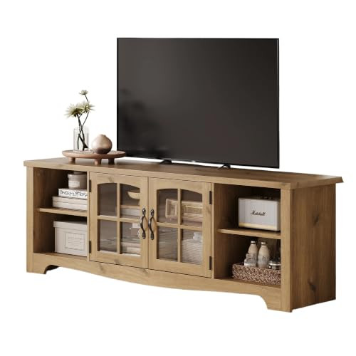 LINSY HOME TV Stand for 75 Inch TV, Modern Farmhouse Entertainment Center with Storage Cabinets and Glass Doors, Tall Media Console Table for Living Room, Bedroom, Large Long Television Stand, Oak | Amazon (US)
