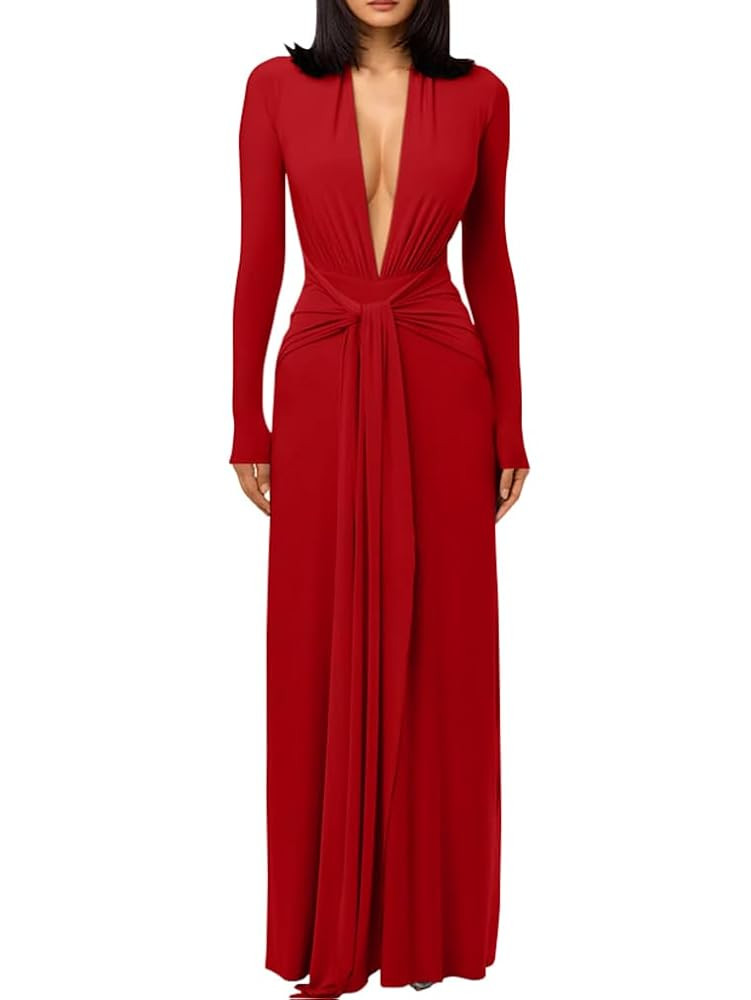 DAAWENXI Women's Sexy Deep V Neck Maxi Dress Long Sleeve Tie Wedding Guest Cocktail Evening Dress... | Amazon (US)