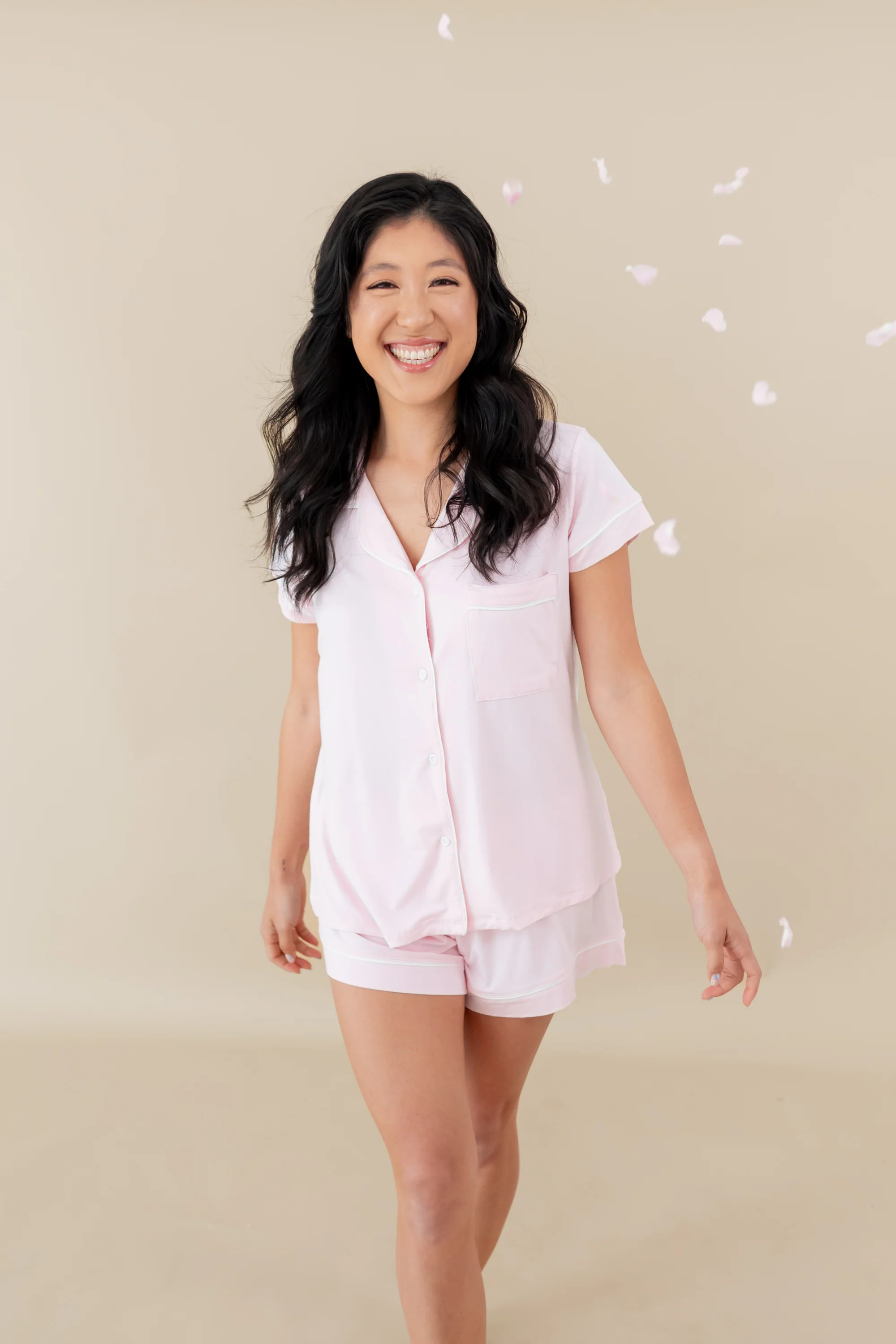 Bamboo Women’s Short Sleeve Pajama Set in Sakura with Cloud Trim | Kyte Living