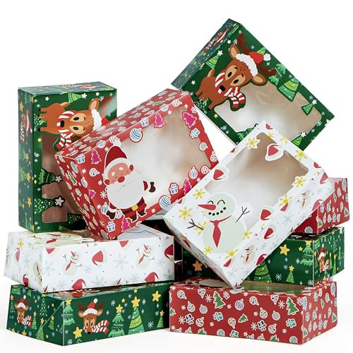 JOYIN 24 PCS Christmas Foil Treats Cookie Gift Boxes (8.75" x 5.75" x 2.75") Colorful Pattern Bakery Box with Window for Xmas Holiday Birthday Party Pastries, Cupcakes, Brownies, Donuts Gift-Giving | Amazon (US)