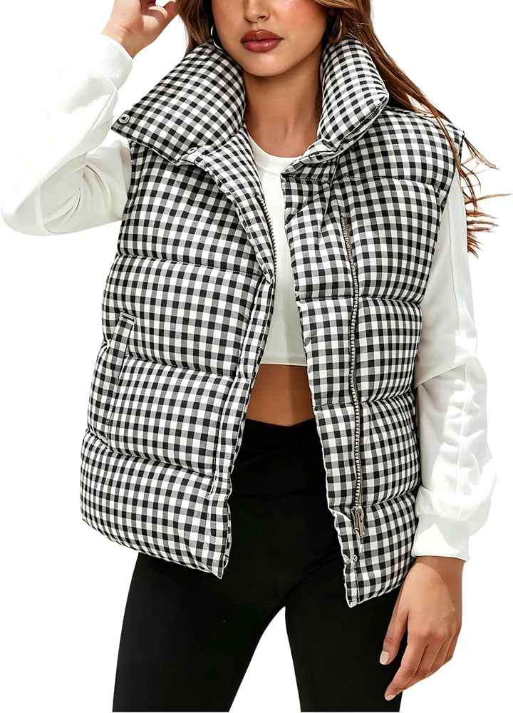 Women's Puffer Vest Gingham Plaid Warm Zip Up Quilted Gilet Jackets | Amazon (US)