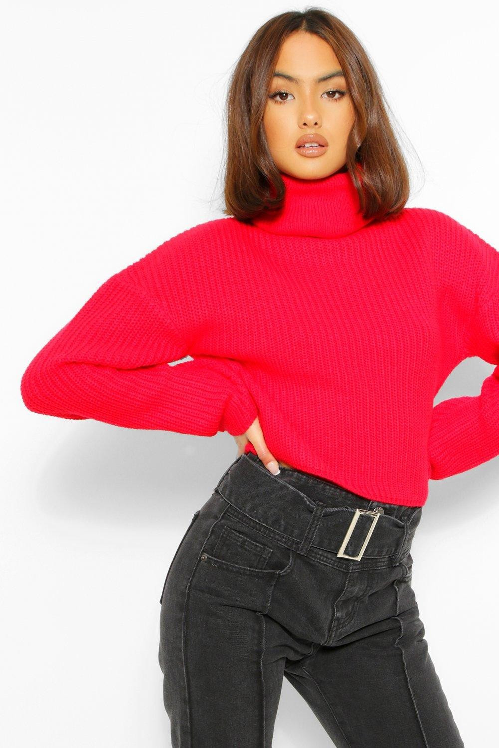 Womens Slouchy Chunky Knit Crop Sweater - Red - S | Boohoo.com (US & CA)