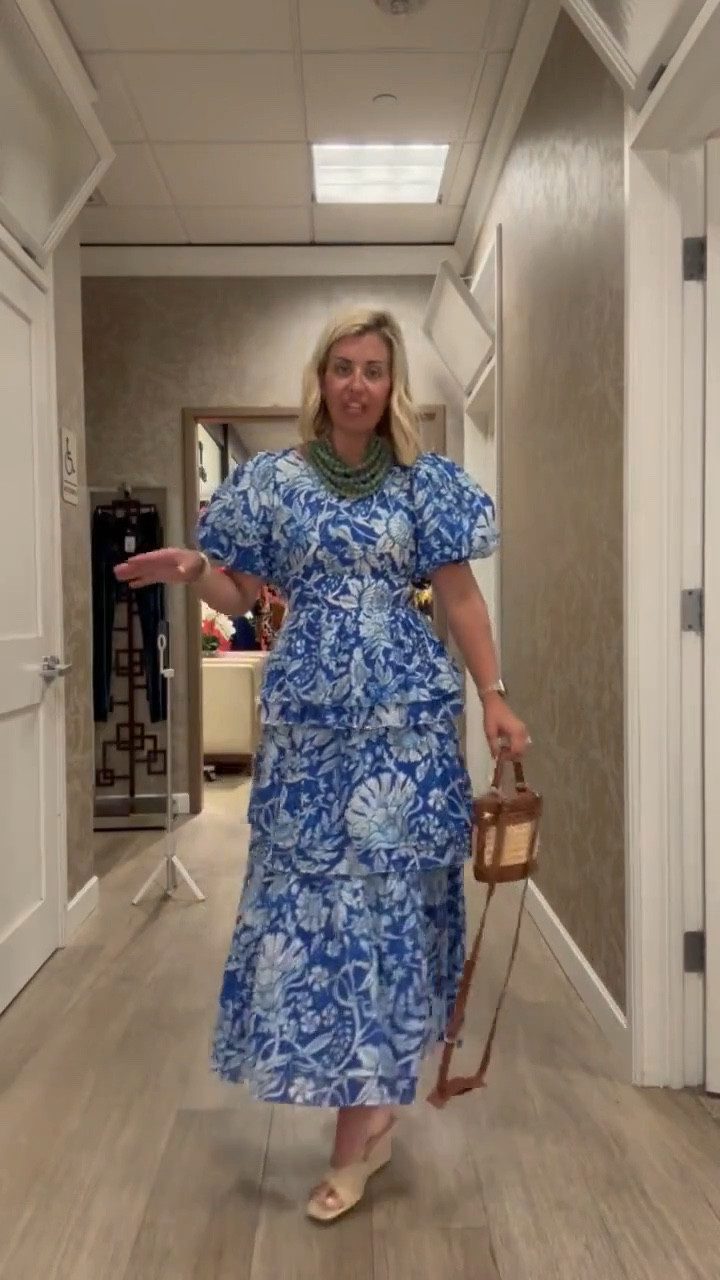 We all know I love anything blue and white! I’m loving the puff sleeve and the tiered skirt. This a definite yes for dressing up or a more casual look. I’m in an xs and   8 in heels. ￼￼

#LTKOver40 #LTKmomlife #LTKdayinmylife