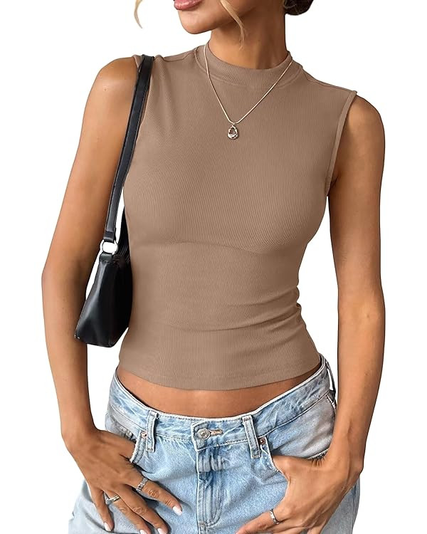 Womens Cotton Ribbed Tank Tops Sleeveless Mock High Neck Top Fitted Basic Summer Cami Shirts Y2K ... | Amazon (US)
