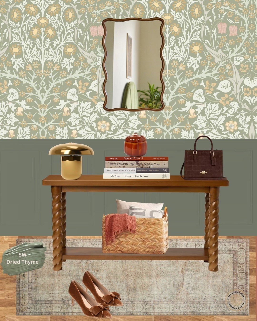 Beautiful entryway mood board! I love this console table from Studio McGee for Target, the mushroom lamp is very cute, beautiful purse and high heels. Rattan storage basket, curvy mirror and floral wallpaper. #falldecor #homedecor

#LTKHome #LTKShoeCrush #LTKItBag