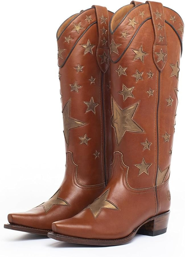 Women's Western Cowgirl Boots Stars Embroidered Knee High Boots Vintage Square Toe Chunky Low Hee... | Amazon (US)