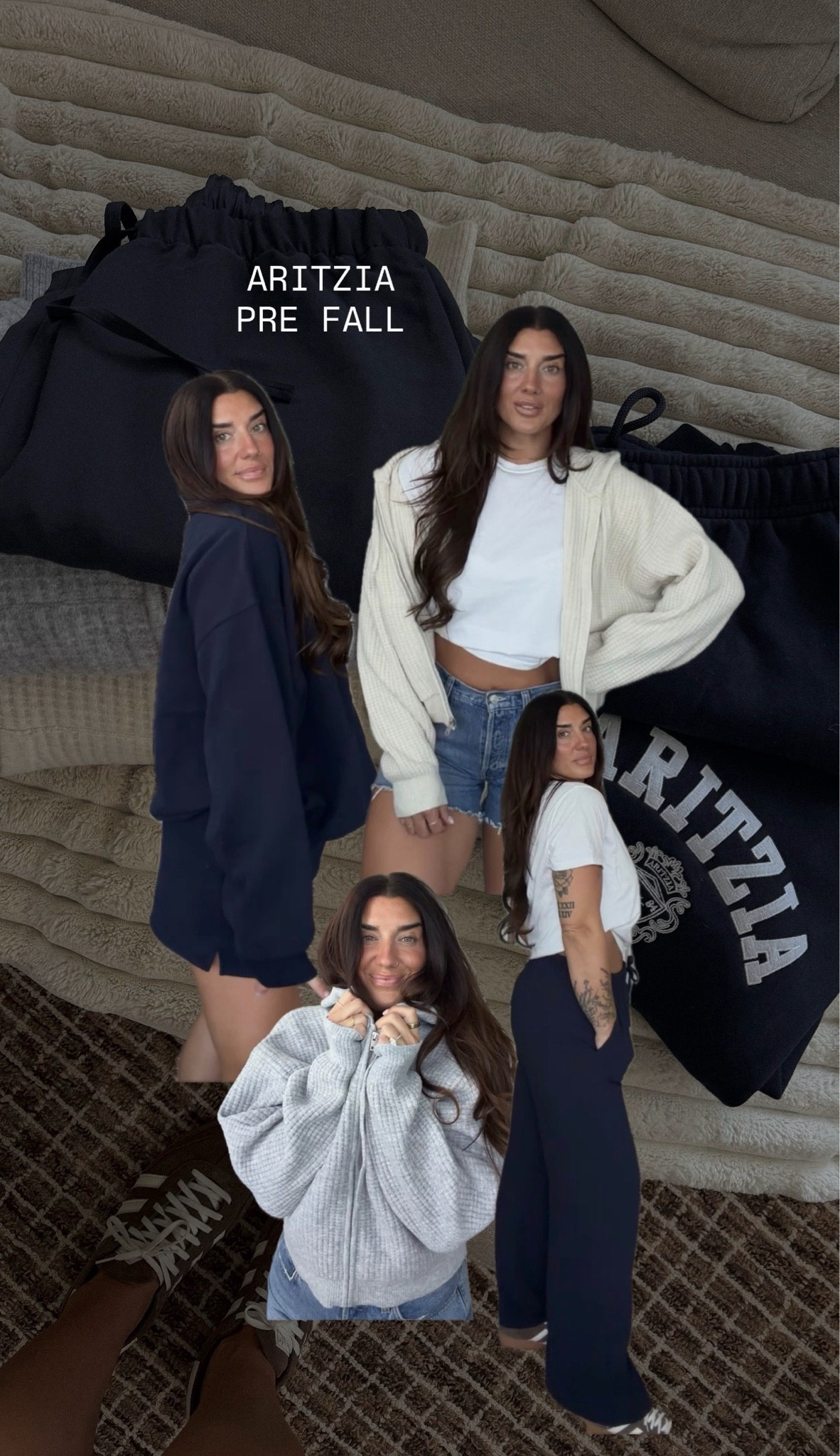 Pre fall Aritzia haul 
Sizes: L in both waffle sweaters
M in lodge pants & t shirt & shorts
XL in funnel neck sweatshirt