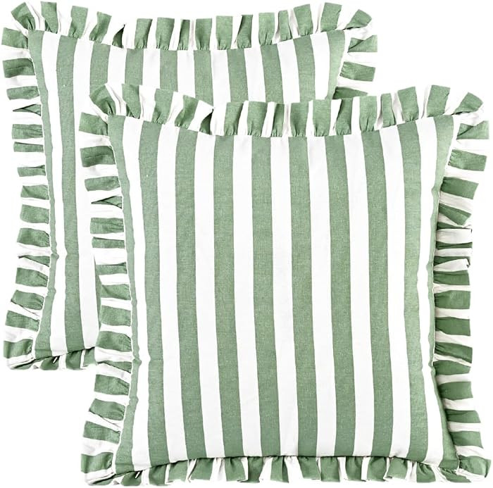 CPC Green Striped Print Cotton Ruffle Decorative Throw Covers with Hidden Zipper 20x20 Inch Set of 2 Home Decor Pillowcases for Bed, Sofa, Couch, Living Room Gift Spring, Summer | Amazon (US)