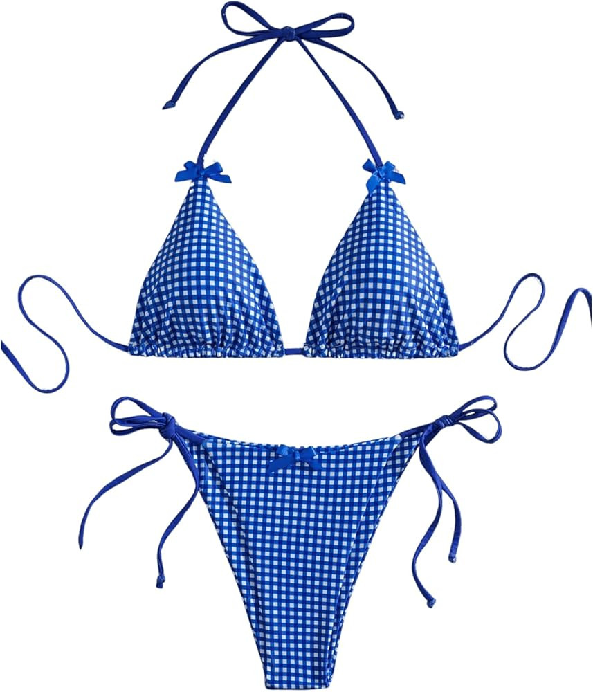Women's 2 Piece Y2K Gingham Print Bow Front Bikini Halter Tie Bikini Set Triangle Set Beachwear S... | Amazon (US)