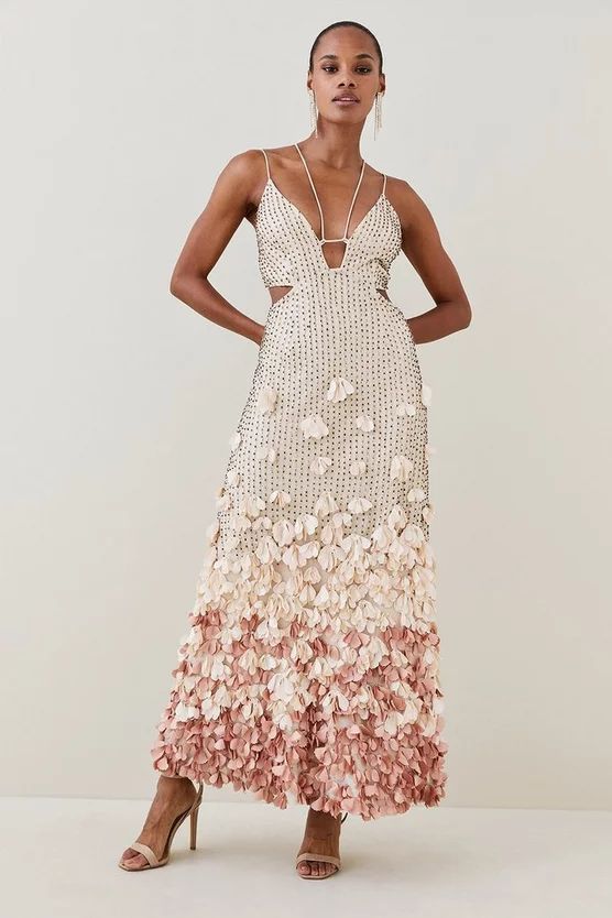Crystal Applique Deep V Woven Maxi Dress | Karen Millen US