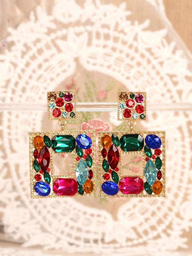 1pair Fashionable Women's Multicolor Rhinestones Decor Multi Layers Square Shaped Alloy Glass Rhi... | SHEIN