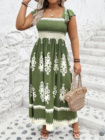 SHEIN VCAY Plus Size Women Summer Floral Print Square Neck Flutter Sleeve Maxi Dress | SHEIN