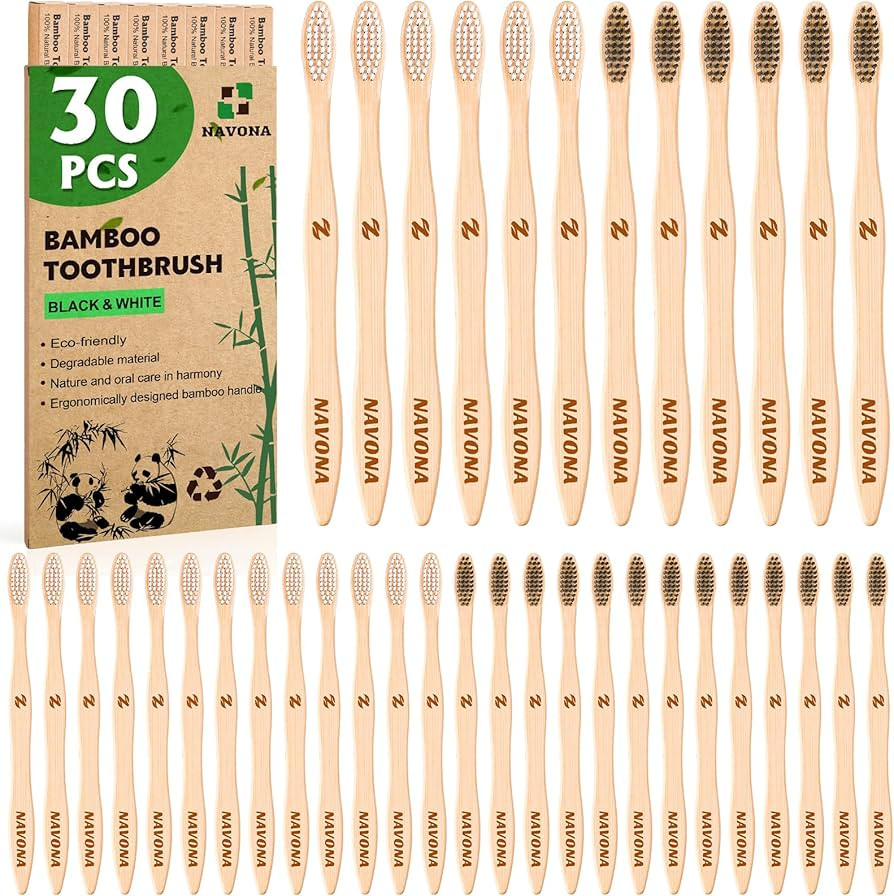 Navona 30 PCS Bamboo Toothbrushes Pack, BPA Free Medium Soft Bristles Toothbrushes for Adults, Ec... | Amazon (US)