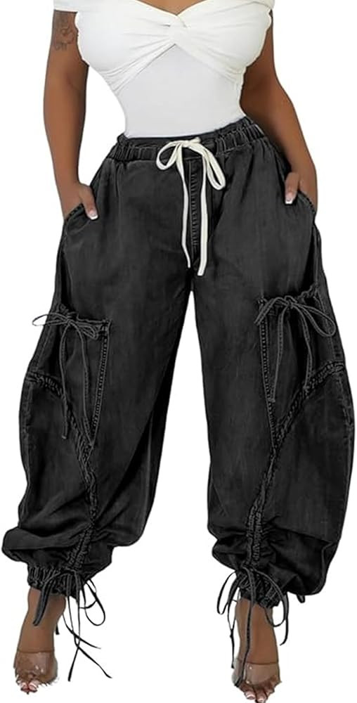 Voghtic Women's Baggy Y2K Elastic Waisted Jeans Bow-Knot Drawstring Pull-On Cargo Denim Pants Har... | Amazon (US)