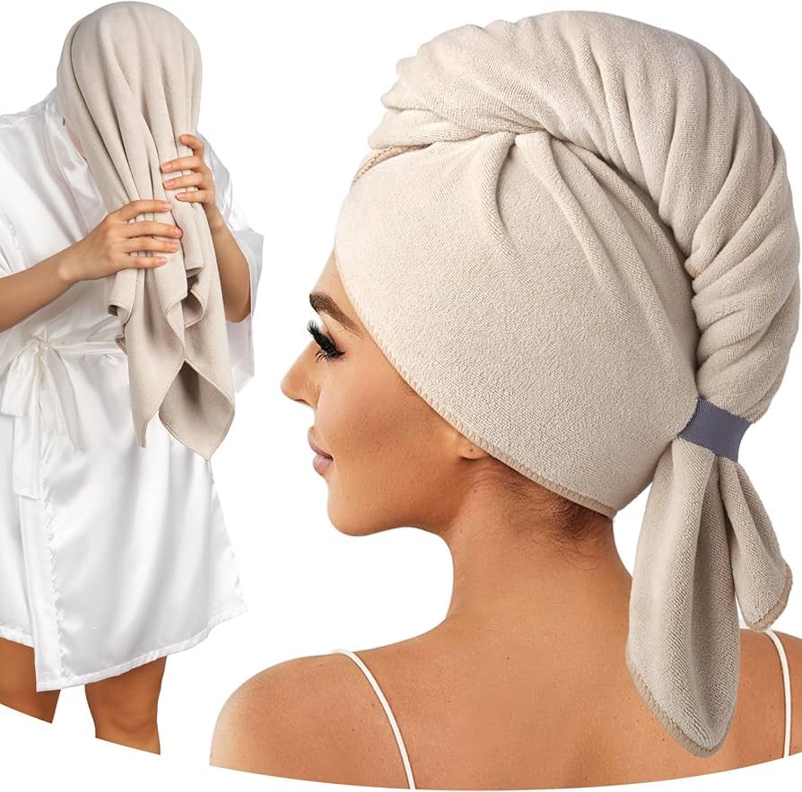 Umisleep 100% Microfiber Hair Towel, 41" x 22" Super Absorbent Hair Care Towel, Ultra Soft Hair Towel Wrap with Elastic Loop, Large Curly Hair Towel for Women Long, Thick Hair, Camel | Amazon (US)