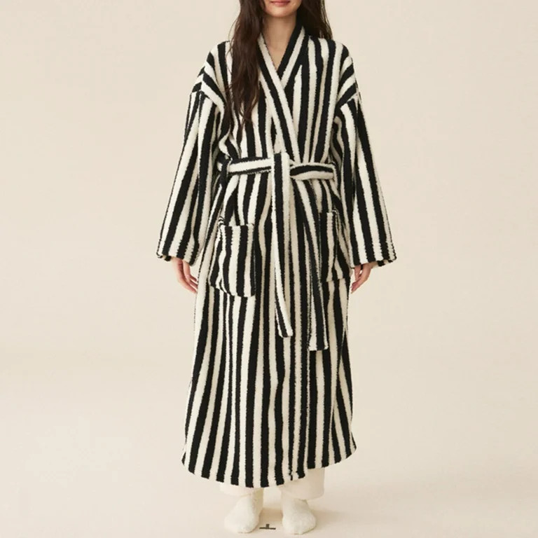 successthop Womens Stripe Robe FLeece Fuzzy Cozy Belted Long Winter Sleepwear Warm Color Block Ba... | Walmart (US)