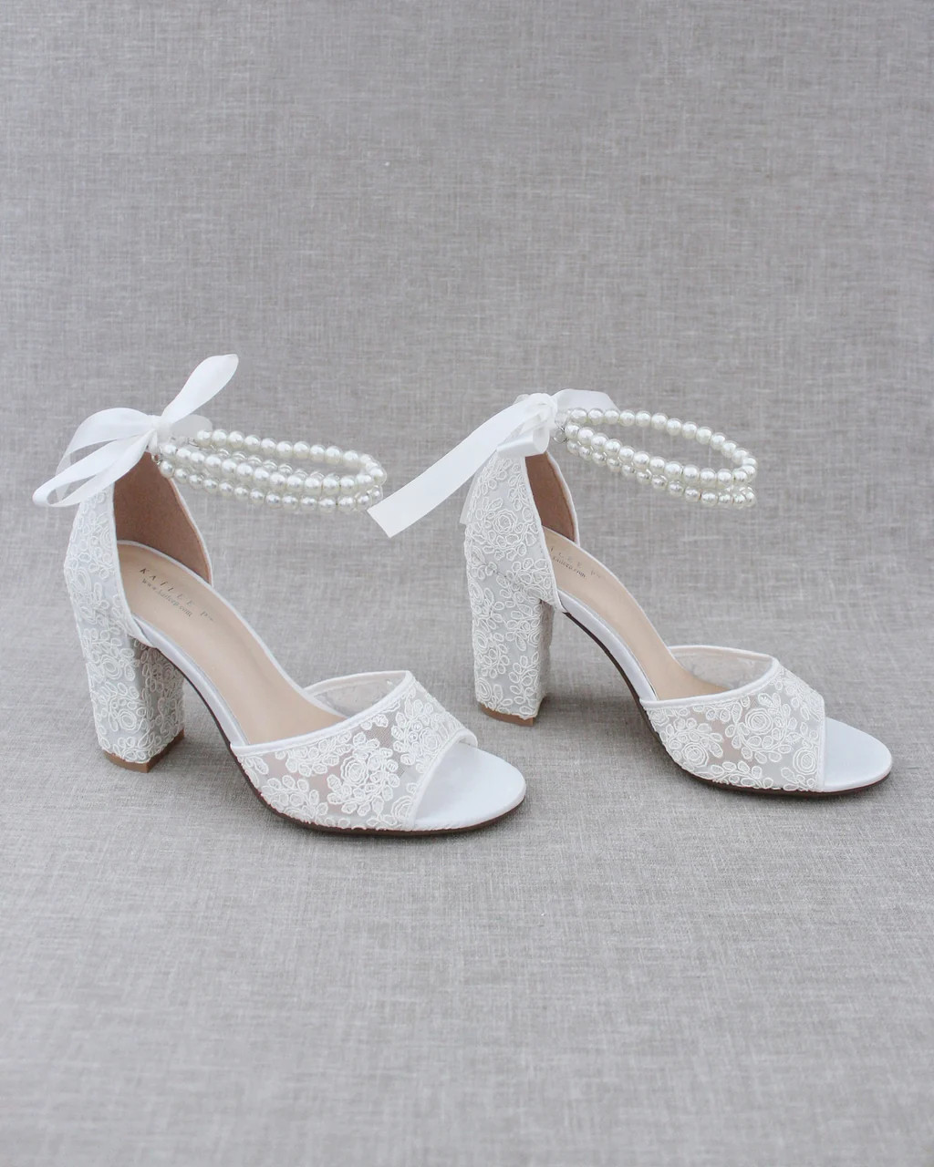 Crochet Lace Block Heel Sandals with Double Pearls Ankle Strap | Kailee P.
