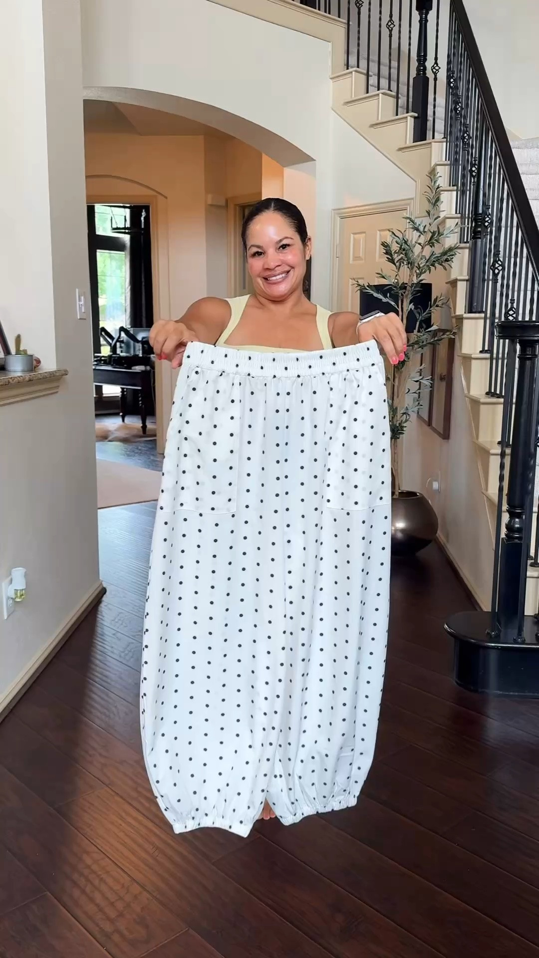 How to style polka dot balloon pants. I love this color combo with the yellow shirt! Size down in pants if want them to fit like mine. True size for baggy fit!

#LTKootd #LTKOver40