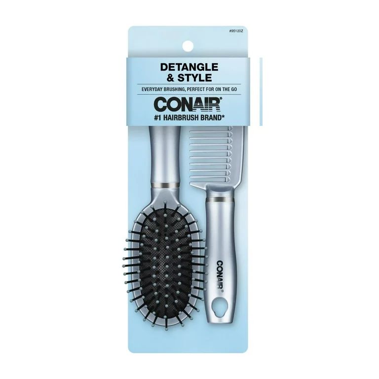 Conair Mid-Sized Compact Detangling Cushion Hairbrush & Styling Comb Set, Colors Vary, 2 Piece Se... | Walmart (US)