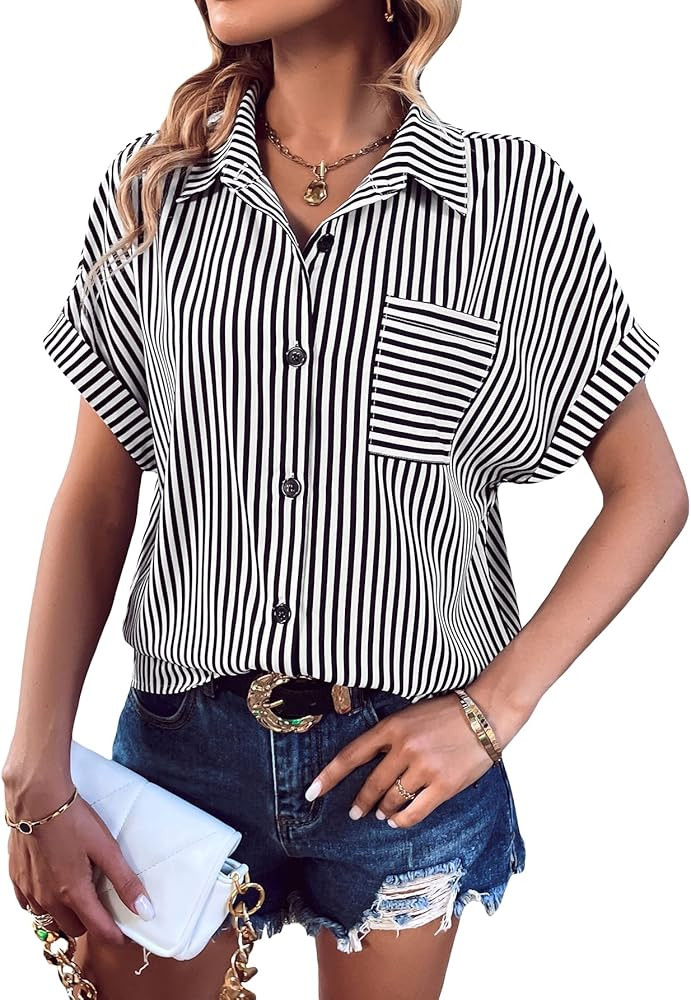 OYOANGLE Women's Casual Stripes Button Down Short Sleeve Blouses Work Tops Shirt | Amazon (US)
