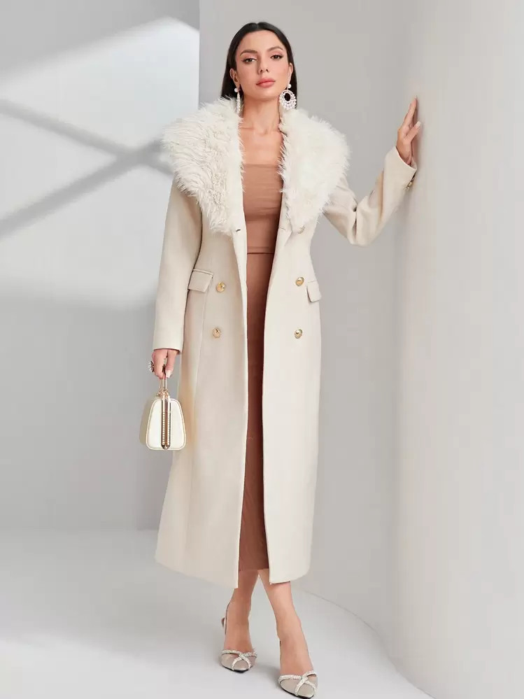 SHEIN Modely Borg Collar Double Breasted Overcoat | SHEIN