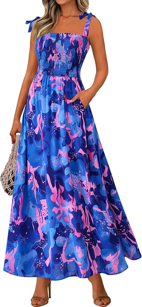 PRETTYGARDEN Womens Summer Dresses Floral Sleeveless Smocked Maxi Dress Boho Spaghetti Strap A Li... | Amazon (US)