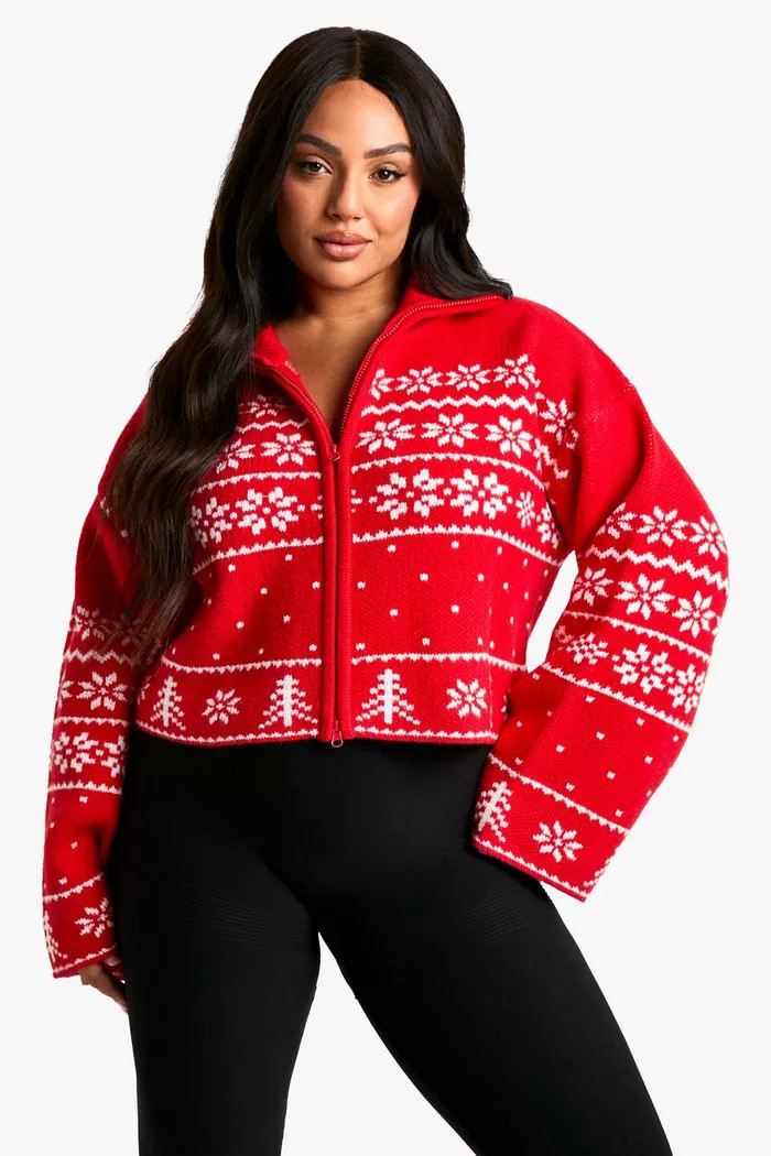 Plus Premium Christmas Fairisle Zip Up Knitted Cardigan | boohoo (US & Canada)