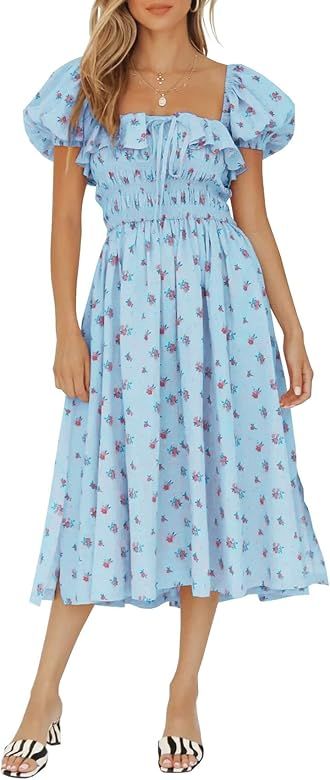 Womens Summer Floral Print Puff Sleeves Vintage Ruffles Midi Dress | Amazon (US)
