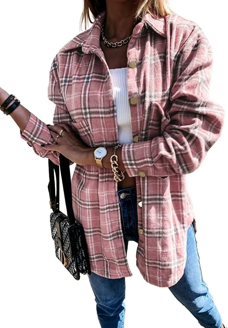 PRETTYGARDEN Women's 2022 Fall Clothes Plaid Shacket Jacket Long Sleeve Button Down Flannel Shirt... | Amazon (US)