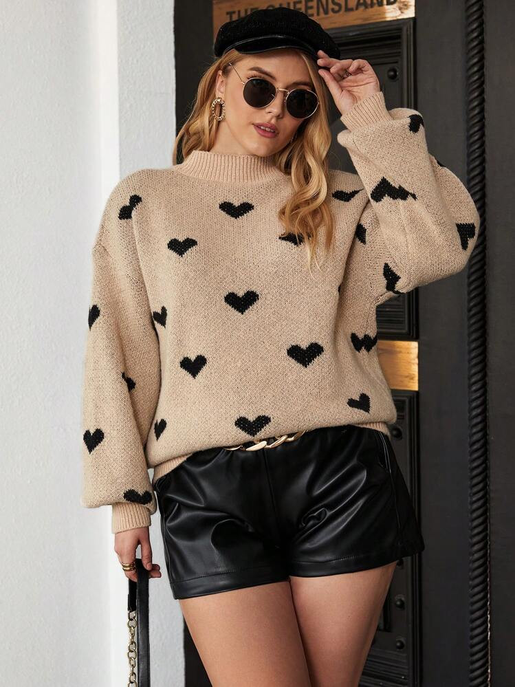 Franclia Plus Heart Pattern Drop Shoulder Sweater, Winter | SHEIN