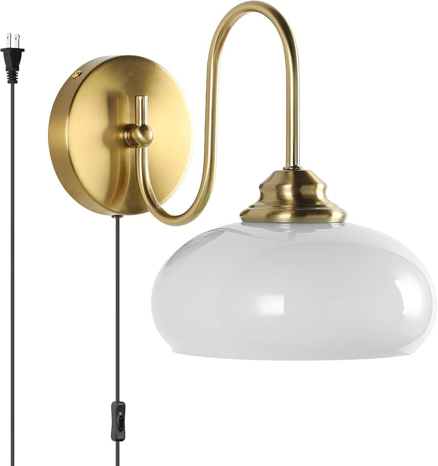 KCO Lighting Antique Brass Wall Sconce Goose Neck Wall Sconce Plug in Wall Lights with Cord Milk ... | Amazon (US)