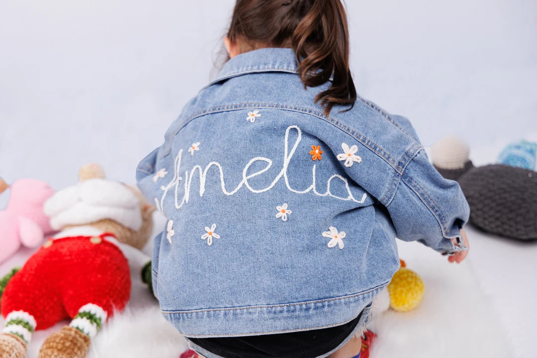 Kids Hand Embroidered Denim Jacket | Personalized Name Kids Jean Jacket | Flower Embroidered Deni... | Etsy (US)