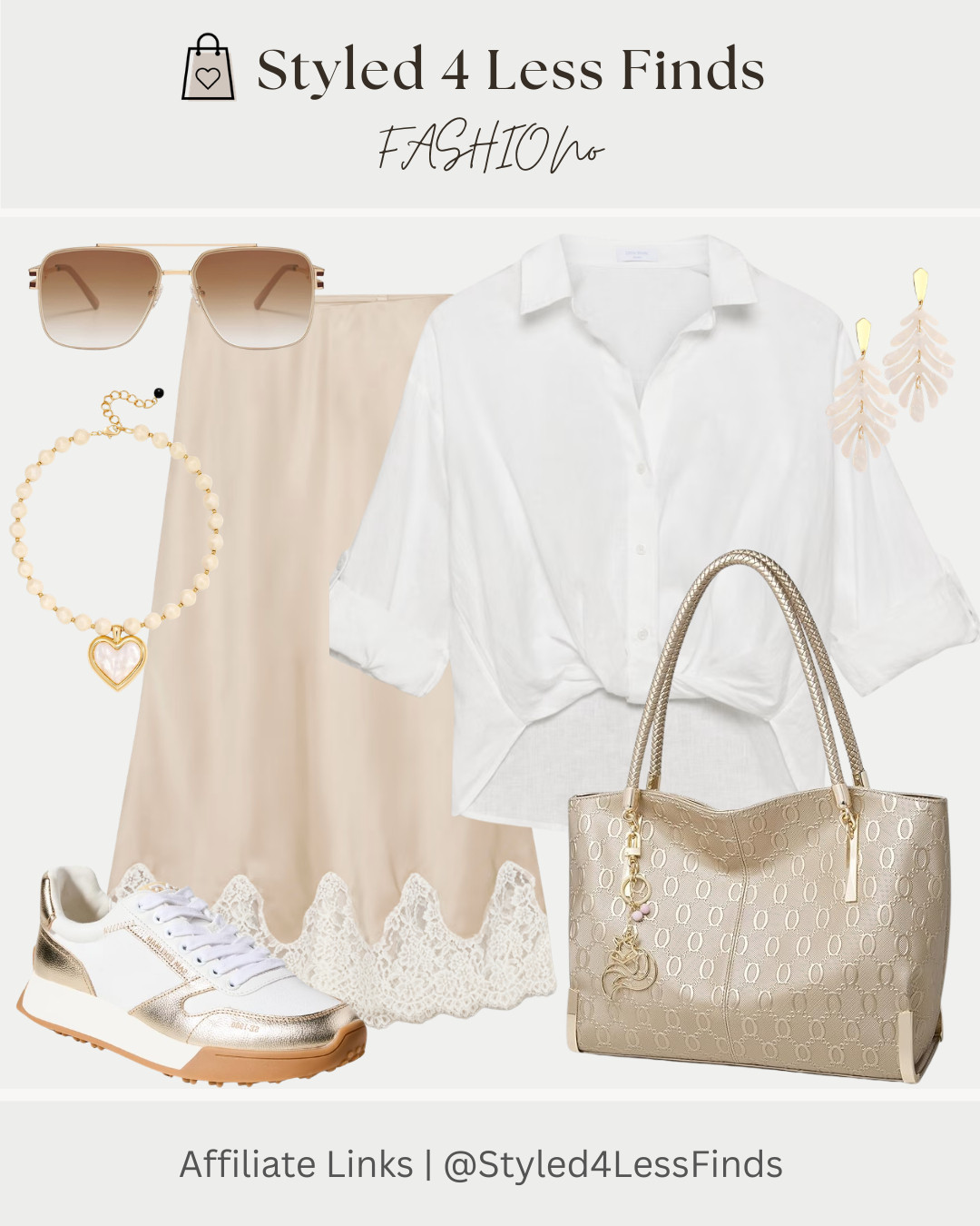 ✨ Neutral tones, elevated details, and effortless style — this outfit is proof that simple pieces can make a chic statement.

The silky skirt with lace trim adds a feminine touch, while the crisp white blouse keeps the look polished and timeless. Paired with metallic sneakers and a matching tote, it’s the perfect blend of comfort and sophistication for everyday wear.

💡 Style Tip: Knot the front of a button-down shirt to define your waist and create a more flattering silhouette. Add metallic accessories to instantly elevate neutral outfits without overpowering them. 

 #LTKcanada #LTKsummer #LTKover50style