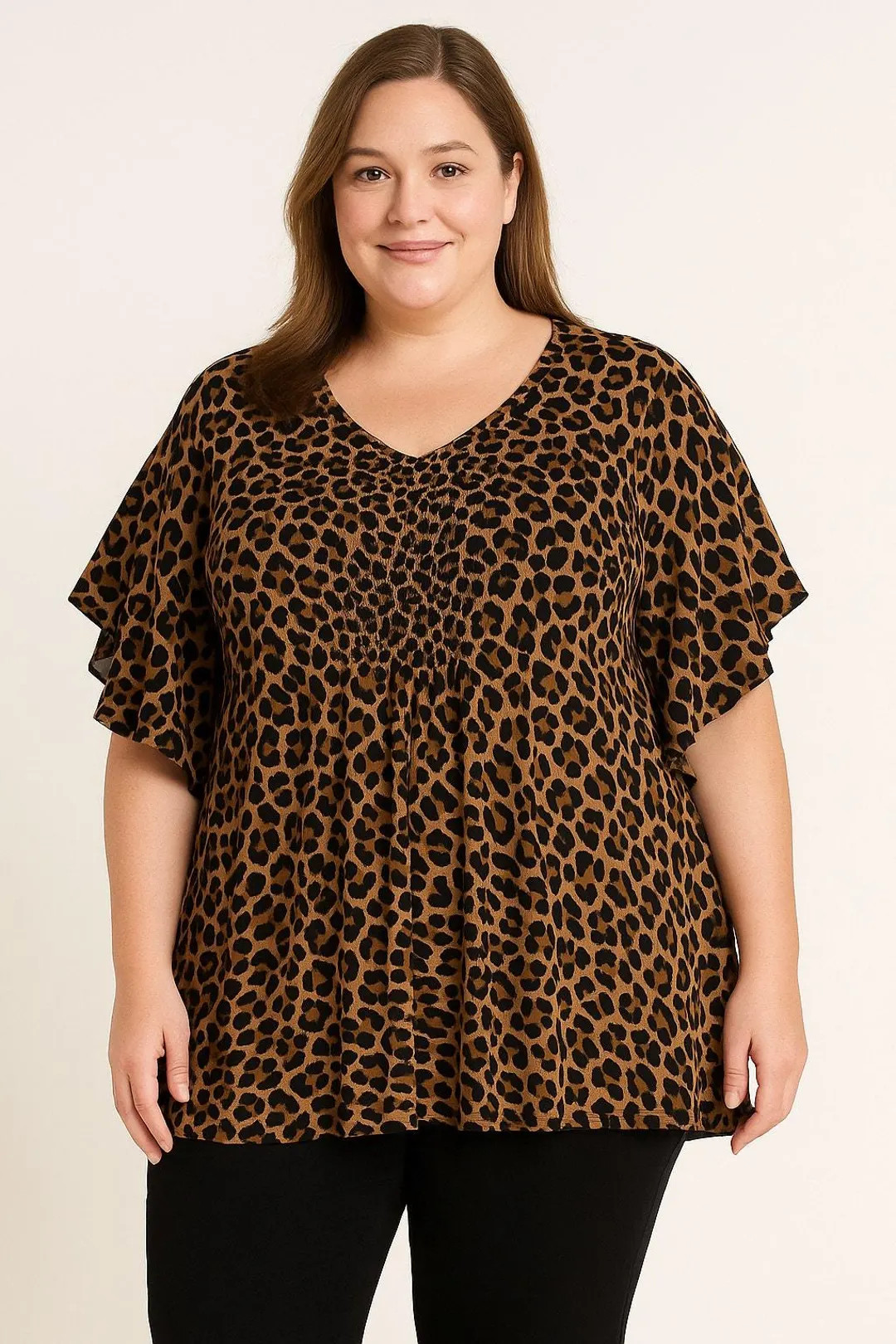 Catherines Plus Size 3X Tunic Top – Leopard Print, Pleated, Flutter Sleeves | Etsy (US)