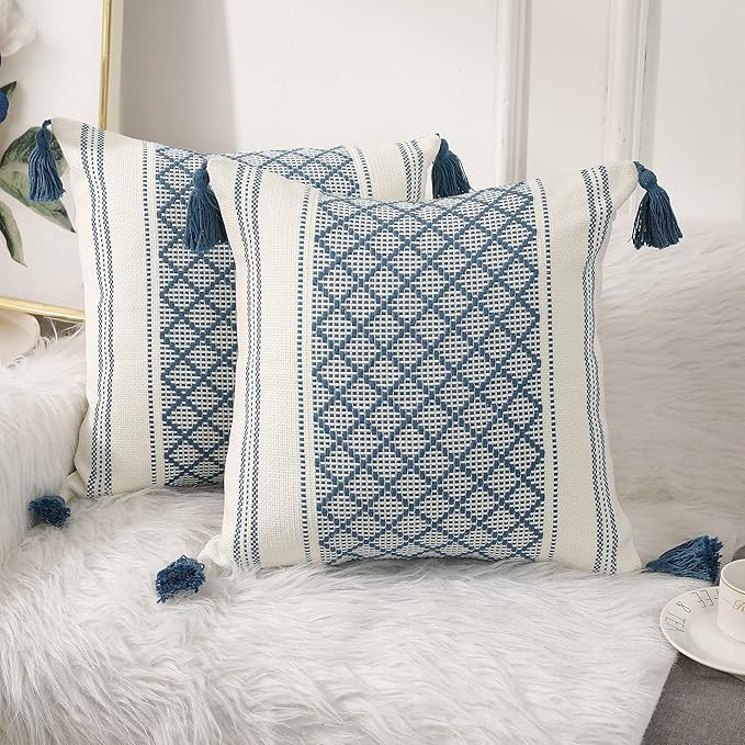 PANOD Set of 2 Boho Cotton Knitted Decorative Throw Pillow Covers with Tassel Blue and White,Mode... | Amazon (US)
