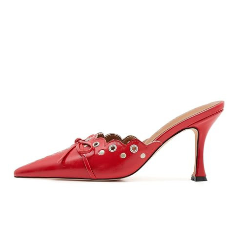 ATBELL Kitten Heel Mules for Women Bow Tie Suede Stiletto Heels Mule Pointed Toe Studs Slide Heeled Sandal Pumps for Wedding Dress Party Red in Size 9.5 | Amazon (US)