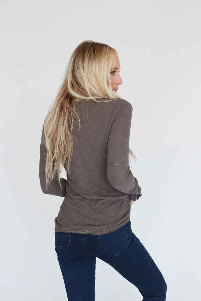 Wonderland Long Sleeved Button Cuff Henley Top - Toast | Three Bird Nest