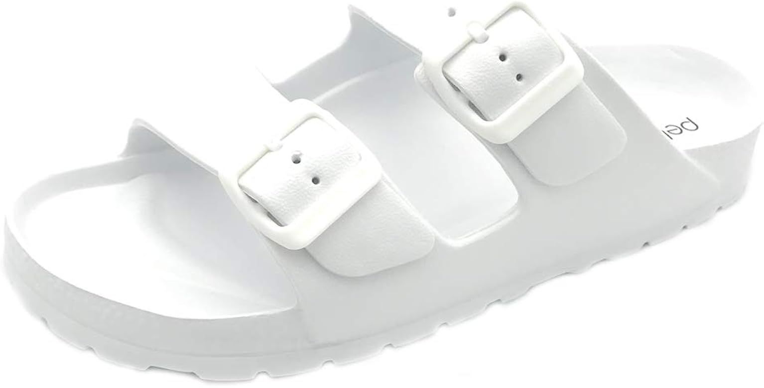 PEBBLES Women's Open Toe Waterproof Slip-on Flat Slide Sandals | Double Adjustable Buckle Straps ... | Amazon (CA)