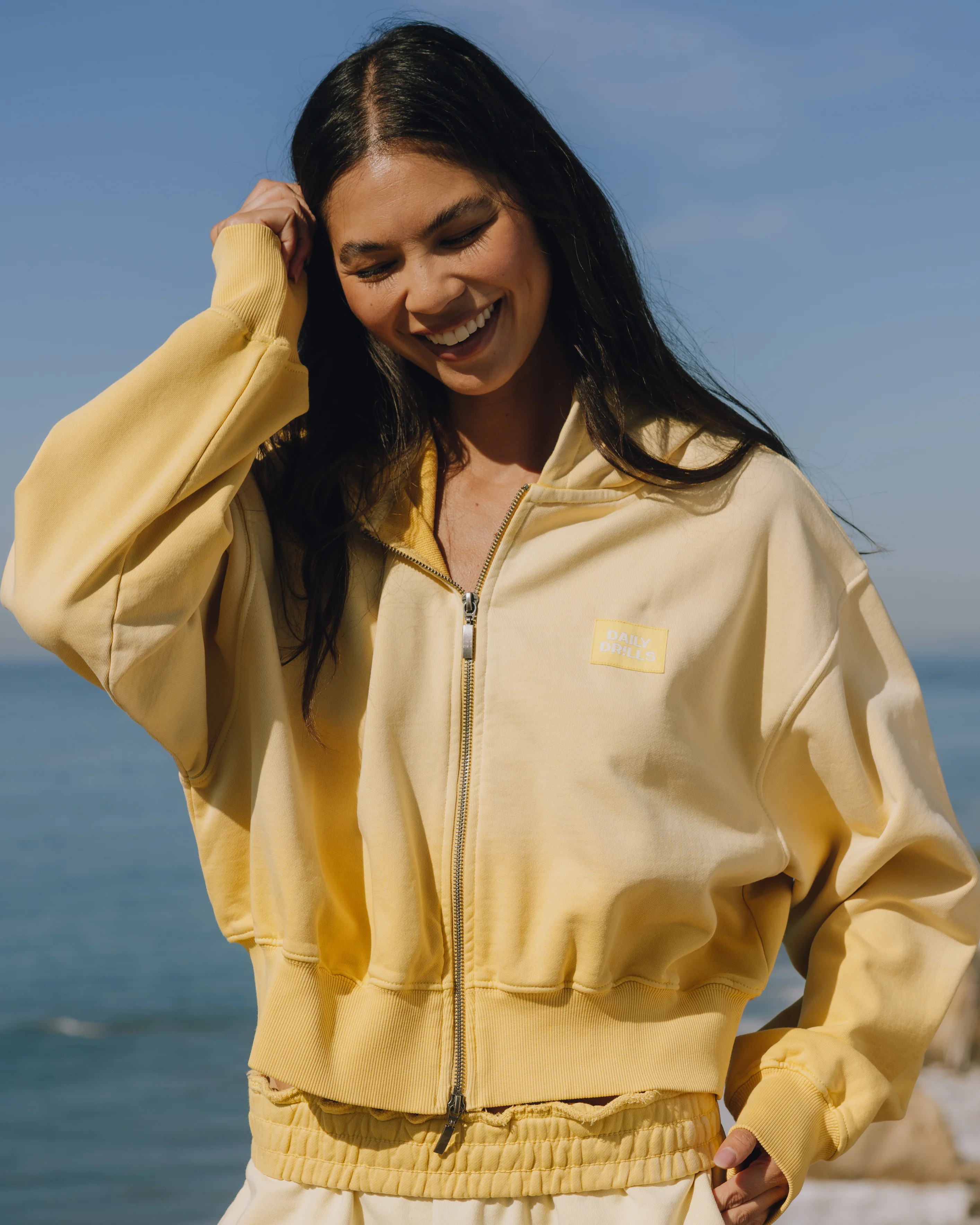 Double Zip Hoodie - Sunsoaked Sunny with Monochrome Patch | Daily Drills LLC