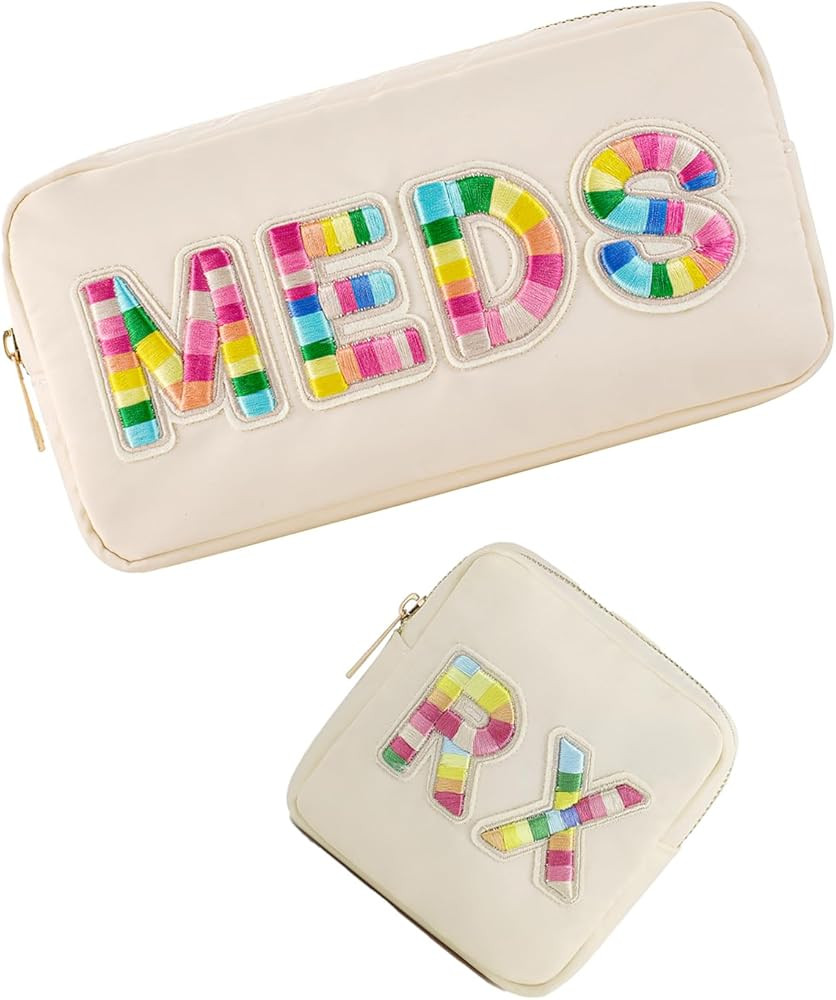 2Pcs Personalized Nylon Rx MEDS Cosmetic Bag, Cute Chenille Letter Patch Medicine Drug Pouch with... | Amazon (US)