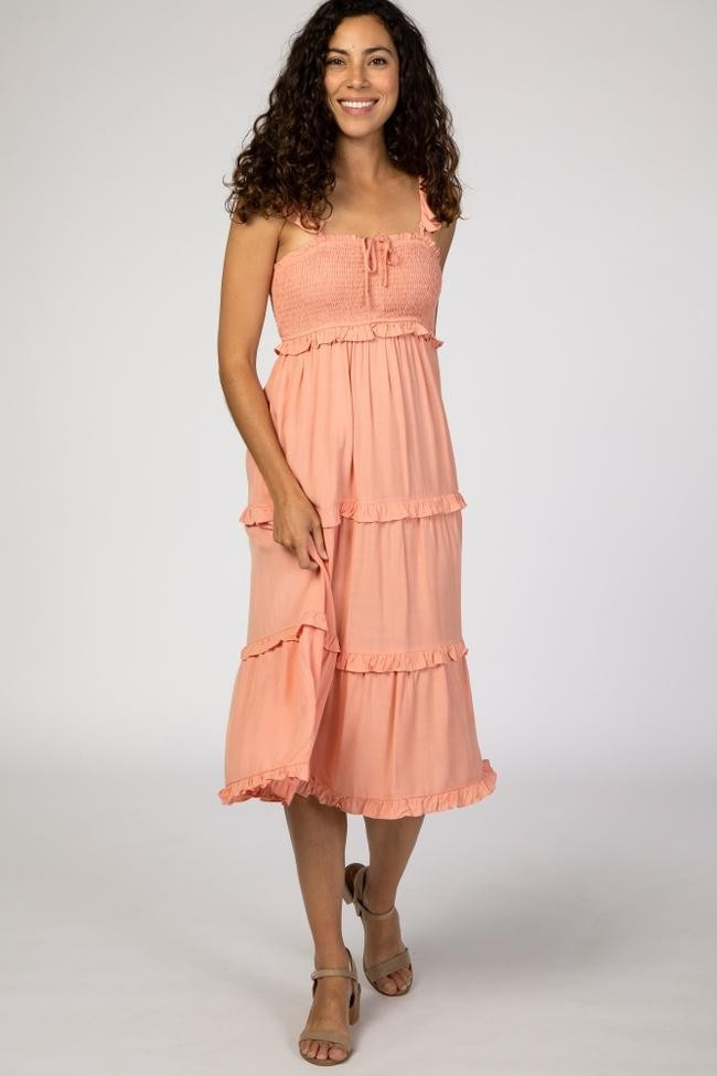 Coral Ruffle Tiered Midi Dress | PinkBlush Maternity