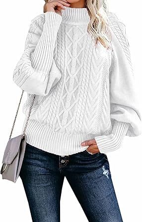 Dokotoo Womens Winter Casual Long Sleeve Solid Color Cable Knit Balloon Sleeve Mock Neck Sweater | Amazon (US)