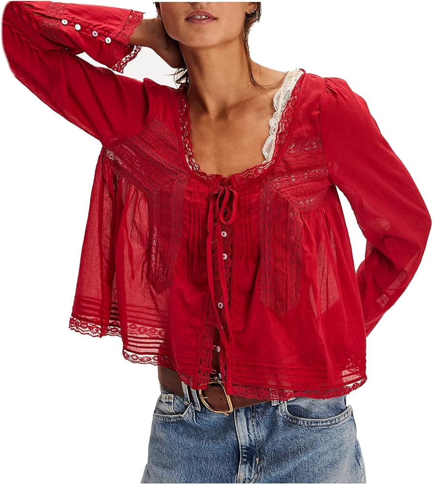 Women Lace Tie Front Top Y2k Coquette Long Sleeve Button Up Chiffon Cardigan Flowy Boho Peplum Sh... | Amazon (US)