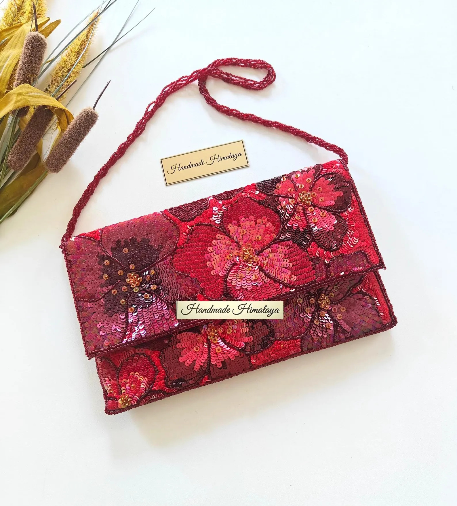 Red Floral Sequin Bridal Clutch | Burgundy Wedding Evening Purse | Etsy (Global)