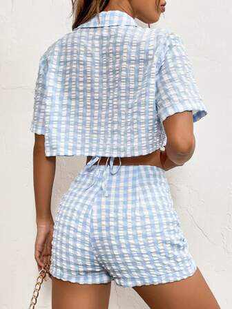 SHEIN PETITE Gingham Print Crop Blouse & Halter Top & Shorts | SHEIN