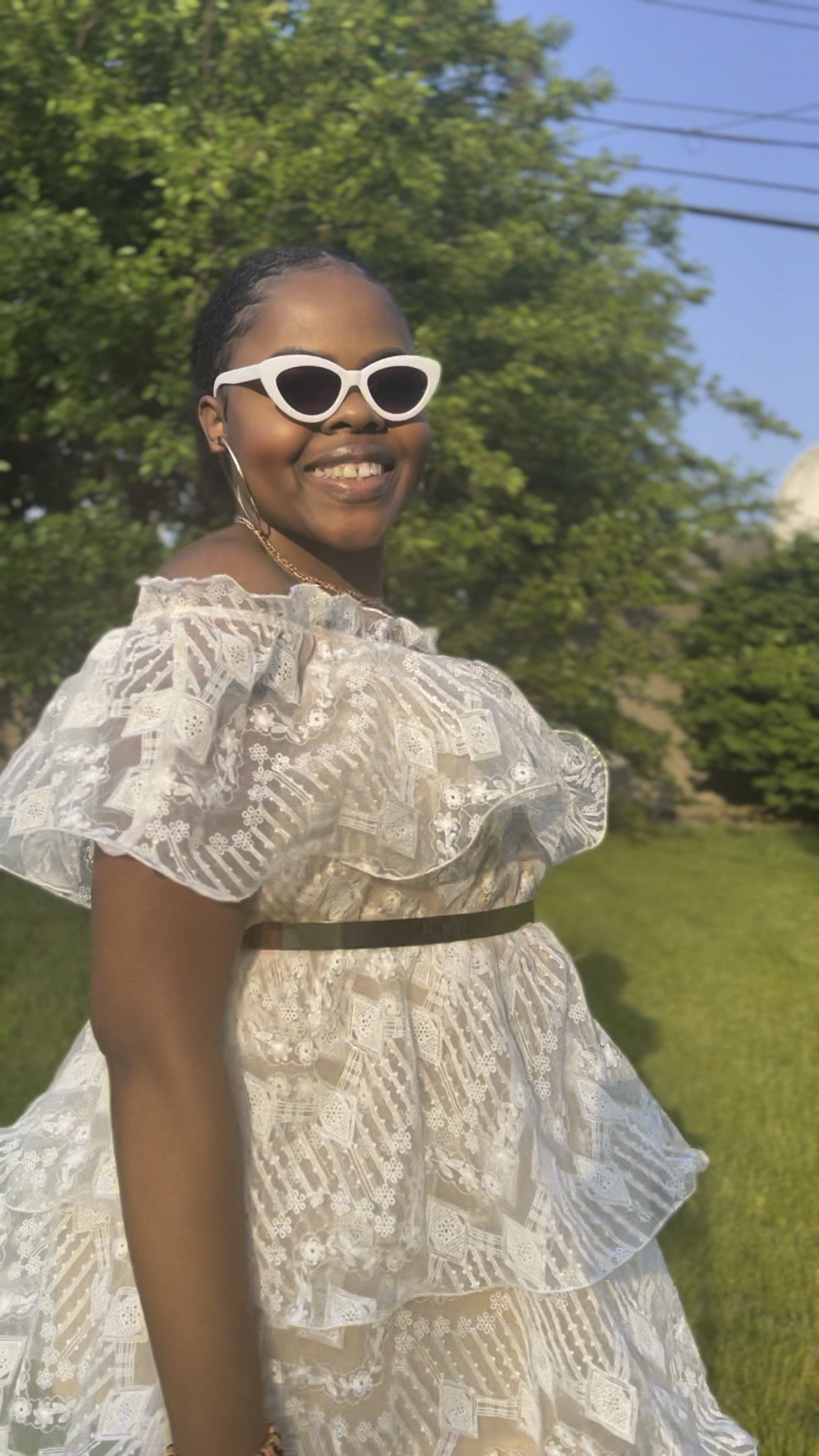 White bardot ruffle store dress